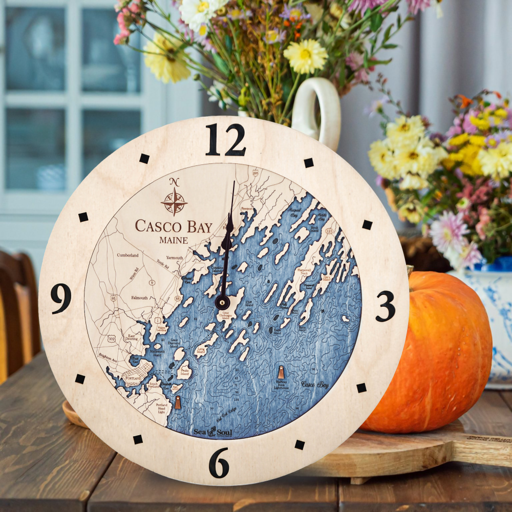 Casco Bay Nautical Clock Birch Accent with Deep Blue Water on Table with Pumpkins