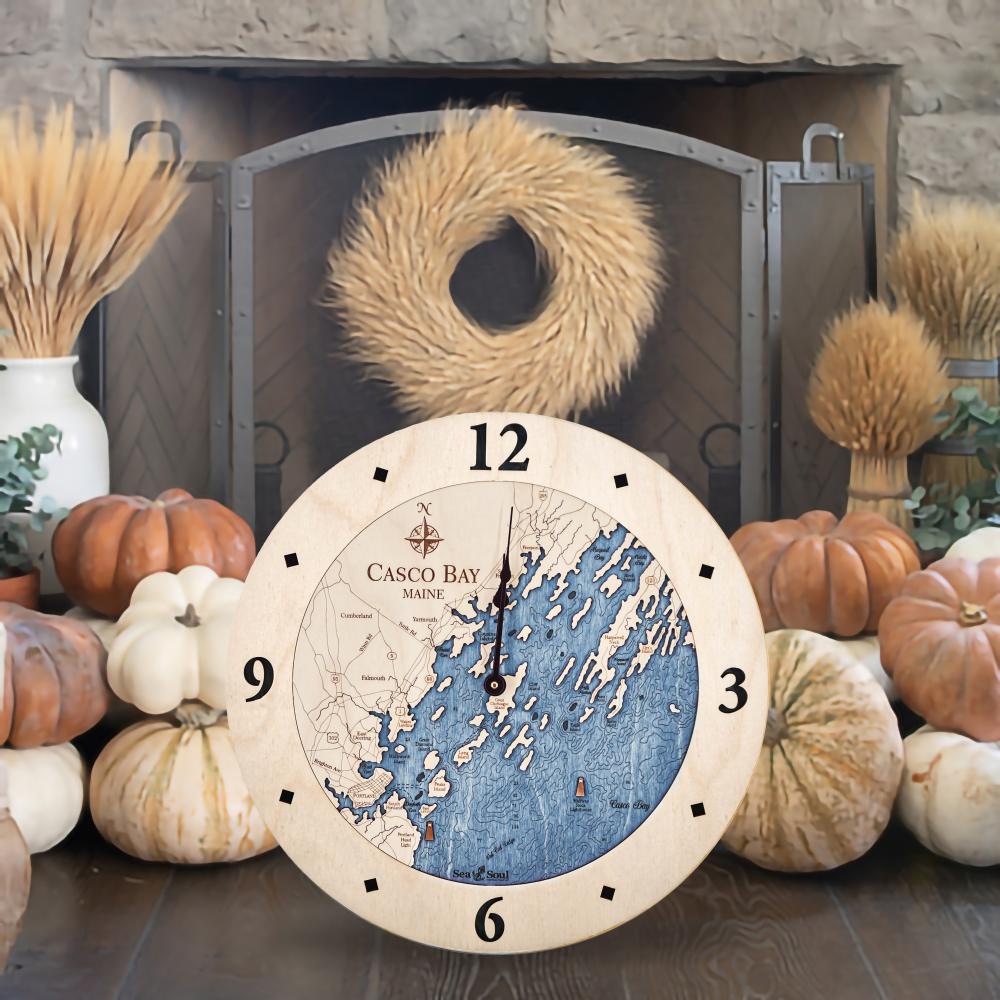 Casco Bay Nautical Clock Birch Accent with Deep Blue Water by Fireplace with Pumpkins