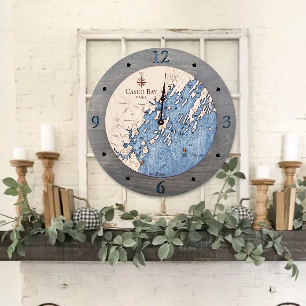 Casco Bay Nautical Clock Driftwood Accent with Deep Blue Water on Wall