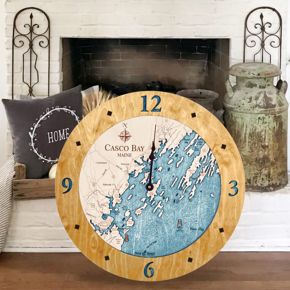 Casco Bay Nautical Clock Honey Accent with Blue Green Water by Fireplace