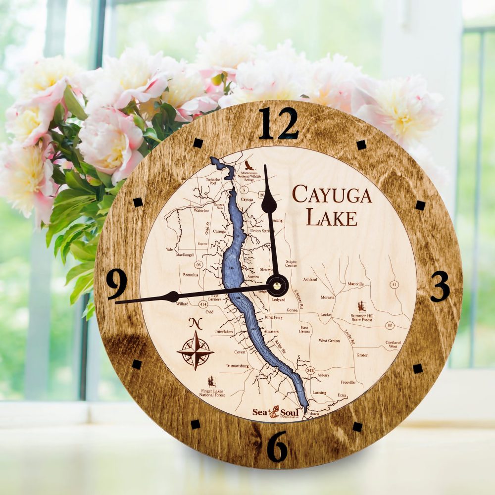 Cayuga Lake Nautical Clock Americana Accent with Deep Blue Water on Table with Flowers