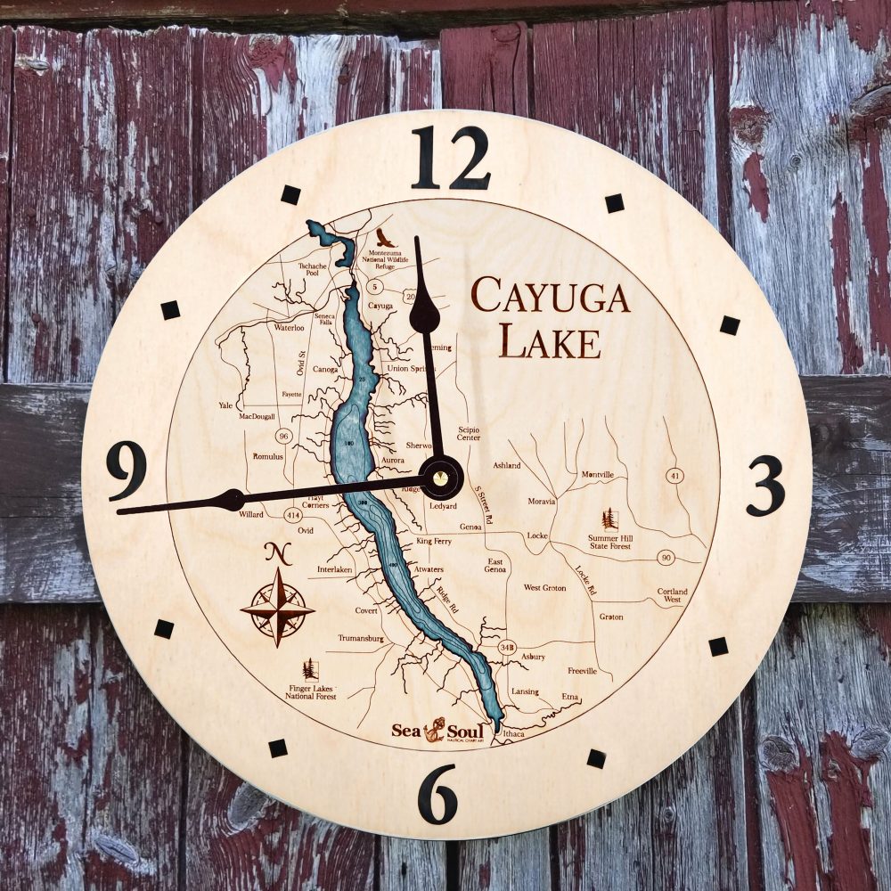 Cayuga Lake Nautical Clock Birch Accent with Blue Green Water on Fence