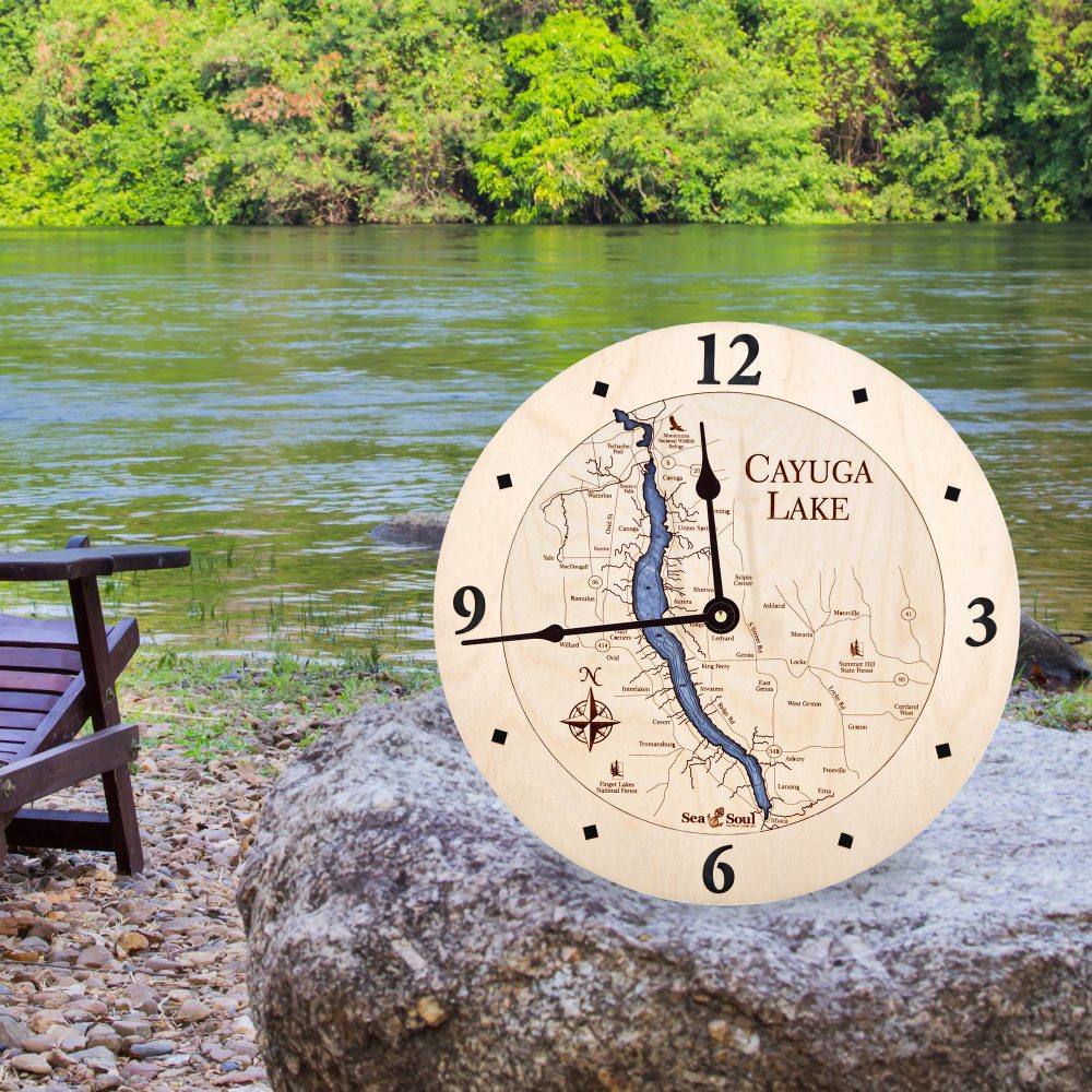 Cayuga Lake Nautical Clock Birch Accent with Deep Blue Water on Rock