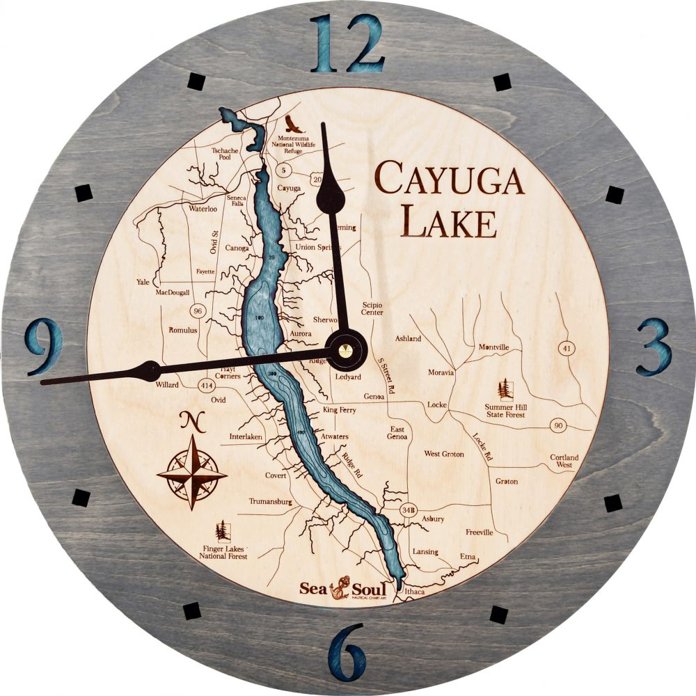 Cayuga Lake Nautical Clock Driftwood Accent with Blue Green Water Product Shot