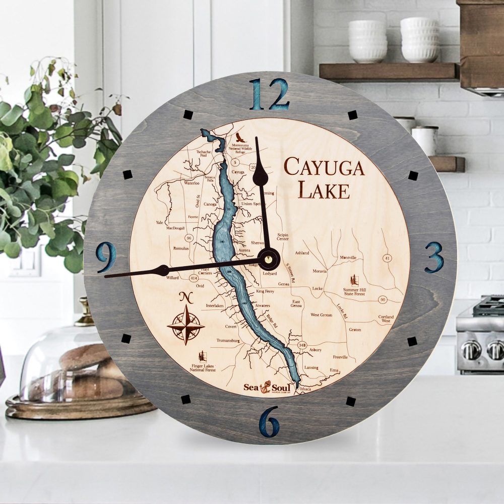 Cayuga Lake Nautical Clock Driftwood Accent with Blue Green Water on Counter Top
