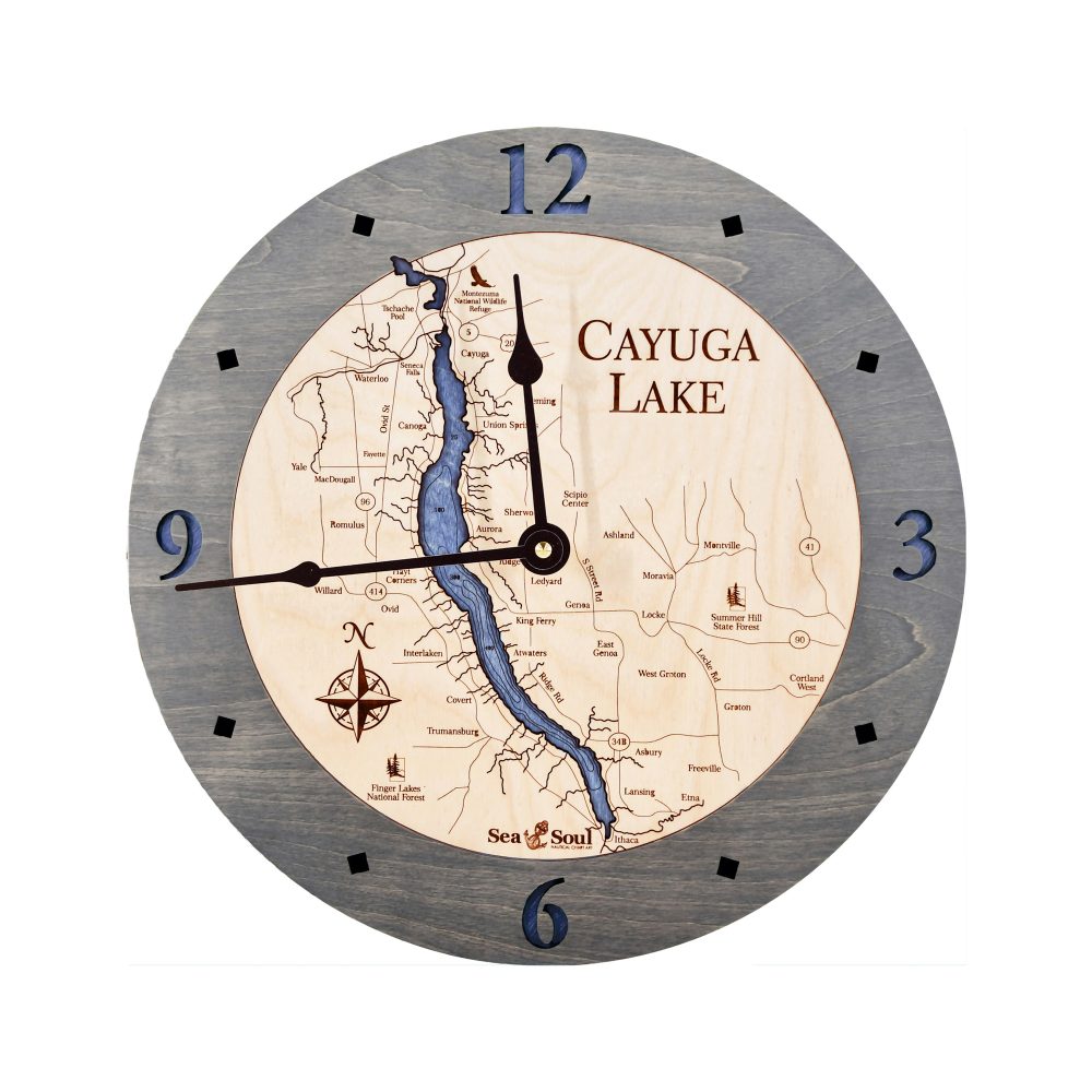 Cayuga Lake Nautical Clock Driftwood Accent with Deep Blue Water