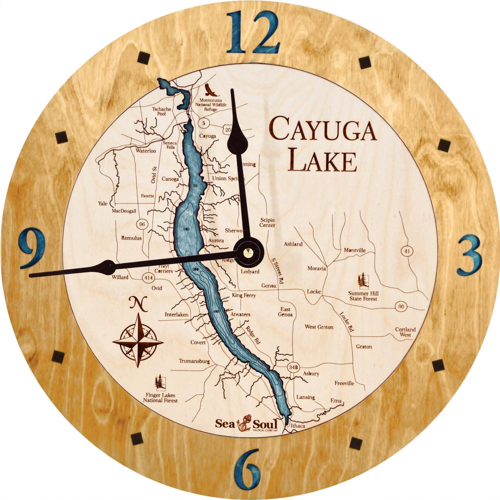 Cayuga Lake Nautical Clock Honey Accent with Blue Green Water Product Shot