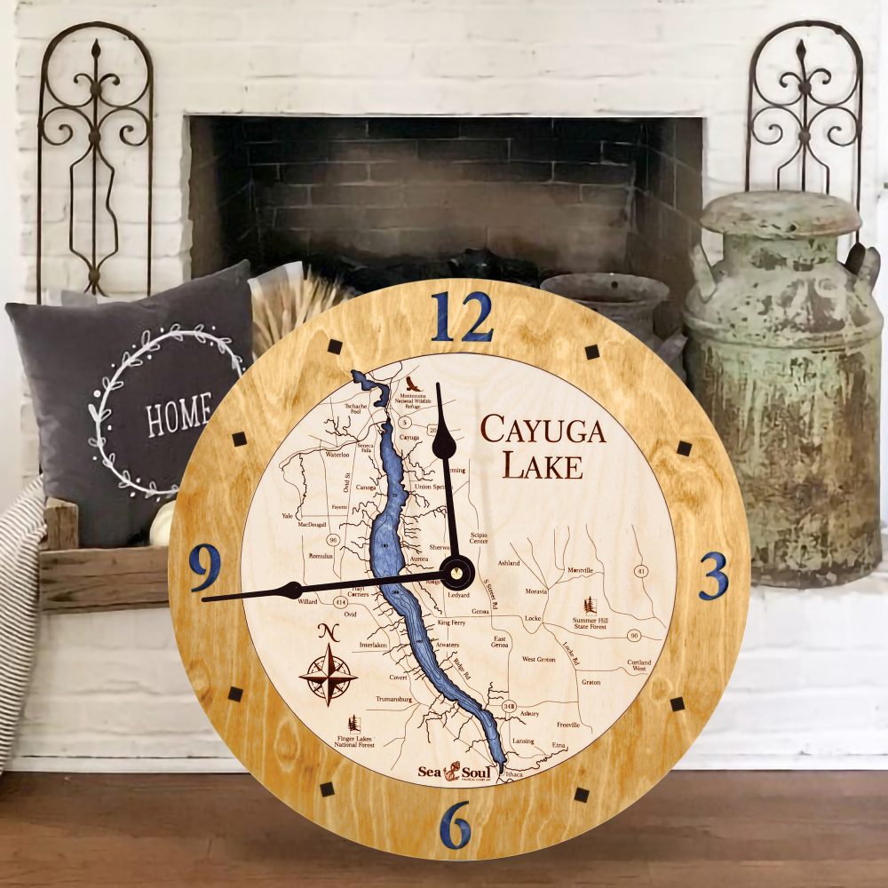 Cayuga Lake Nautical Clock Honey Accent with Deep Blue Water by Fireplace