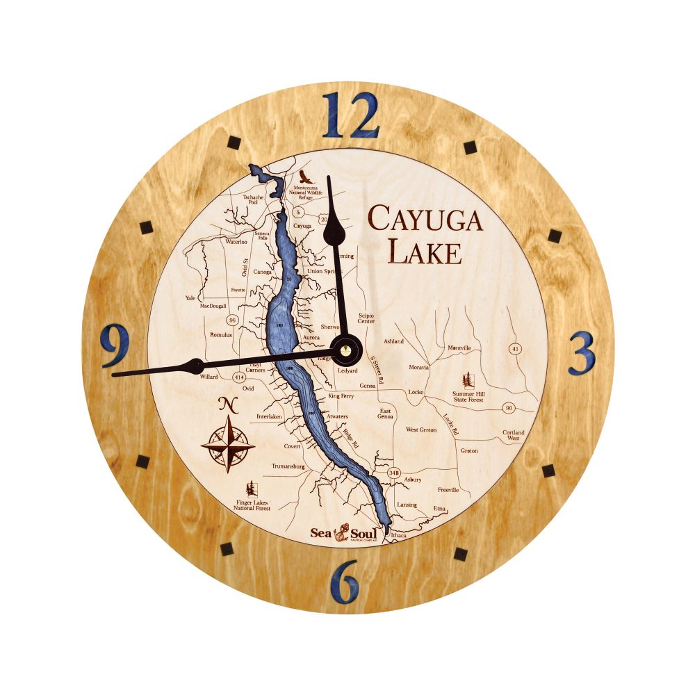 Cayuga Lake Nautical Clock Honey Accent with Deep Blue Water