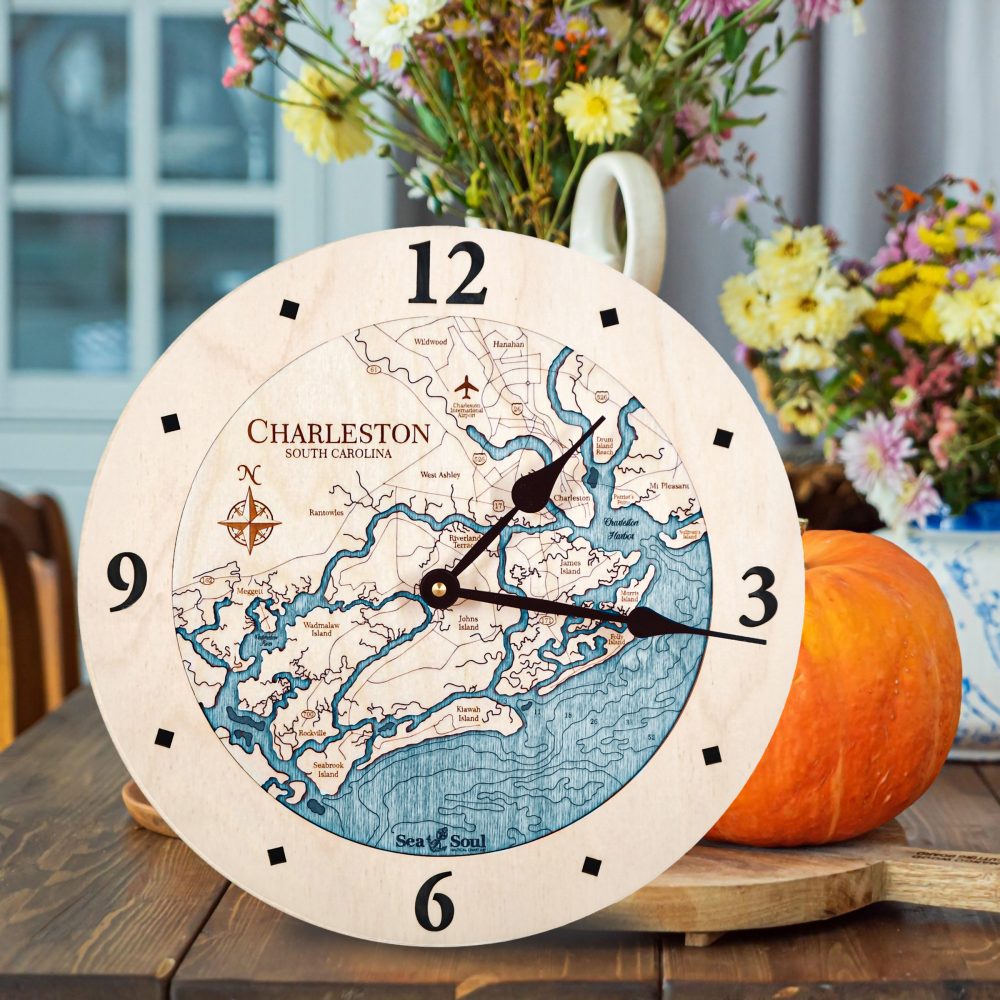 Charleston Nautical Clock Birch Accent with Blue Green Water on Table with Pumpkin