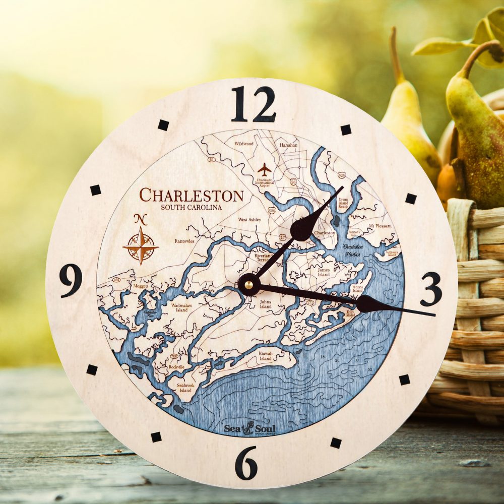 Charleston Nautical Clock Birch Accent with Deep Blue Water on Table with Fruit Basket