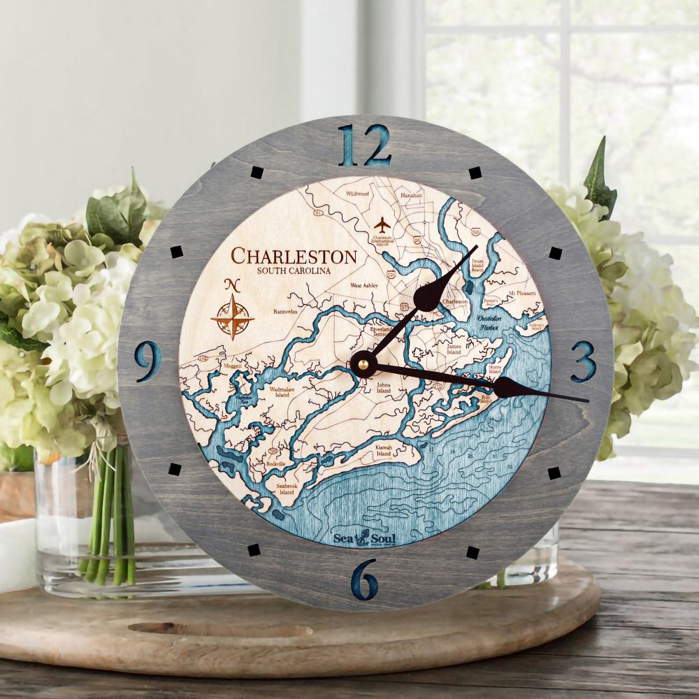 Charleston Nautical Clock Driftwood Accent with Blue Green Water on Table with Flowers