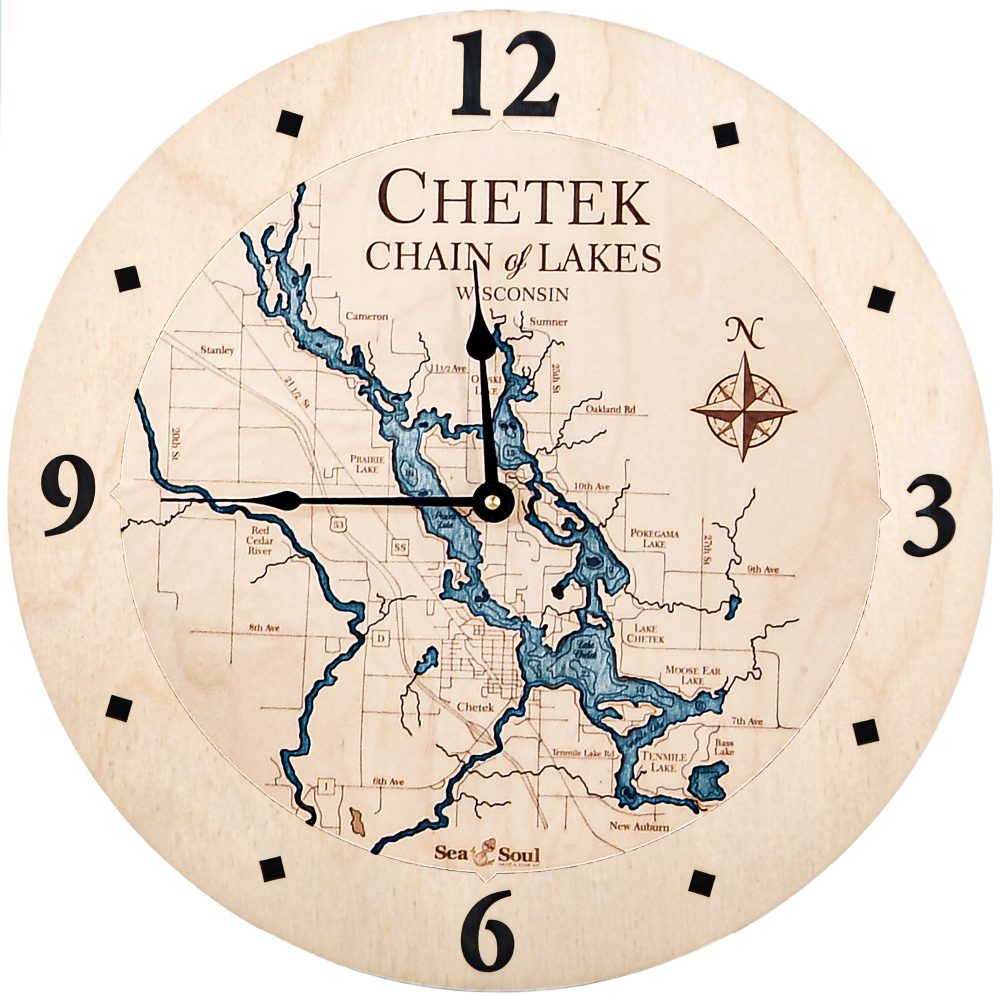 Chetek Chain of Lakes Nautical Clock Birch Accent with Blue Green Water Product Shot