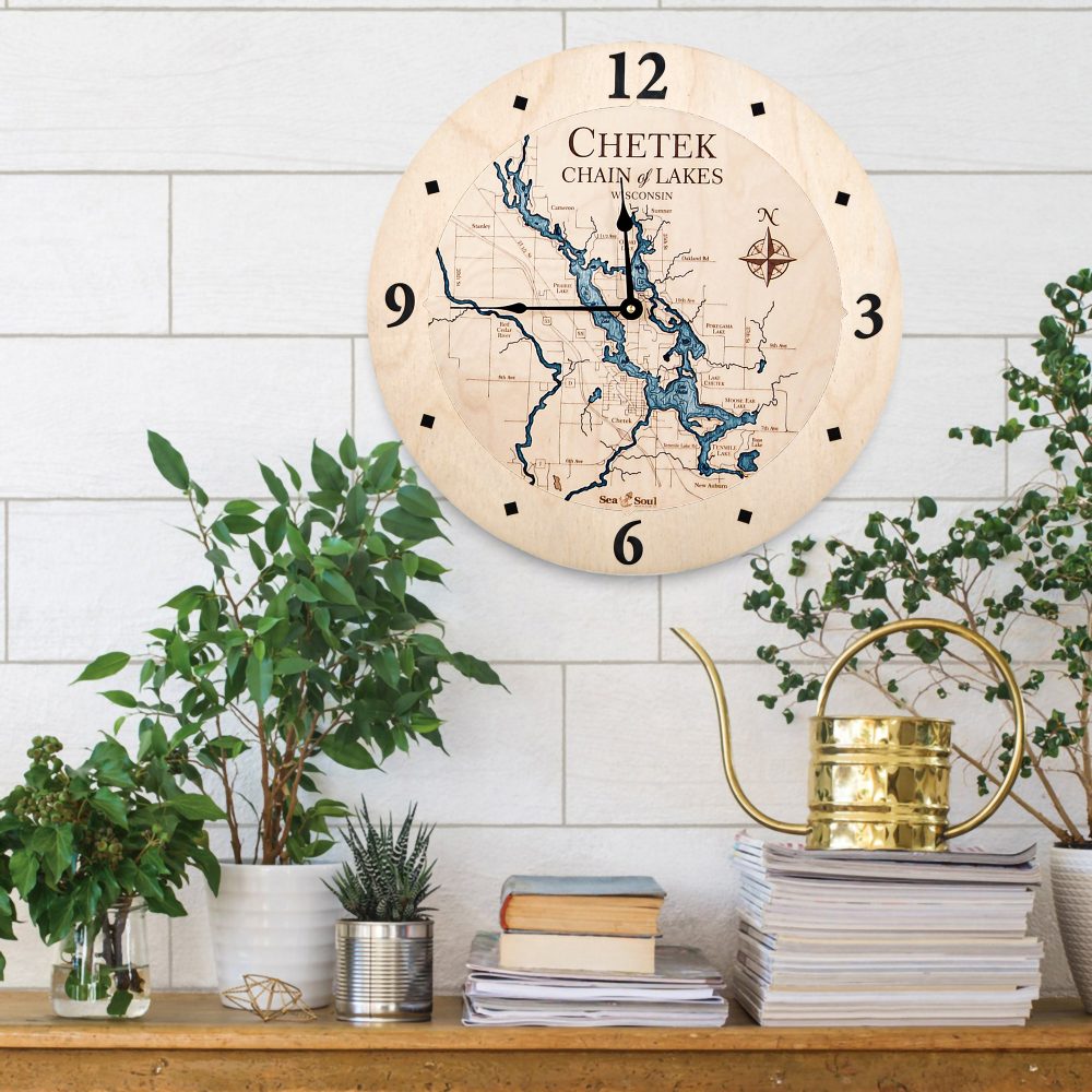 Chetek Chain of Lakes Nautical Clock Birch Accent with Blue Green Water on Wall