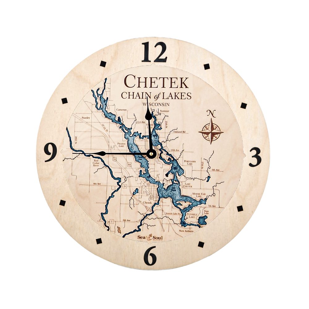 Chetek Chain of Lakes Nautical Clock Birch Accent with Blue Green Water