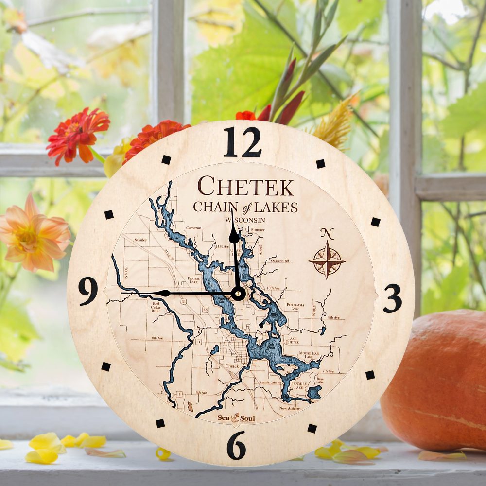Chetek Chain of Lakes Nautical Clock Birch Accent with Deep Blue Water on Windowsill with Pumpkin