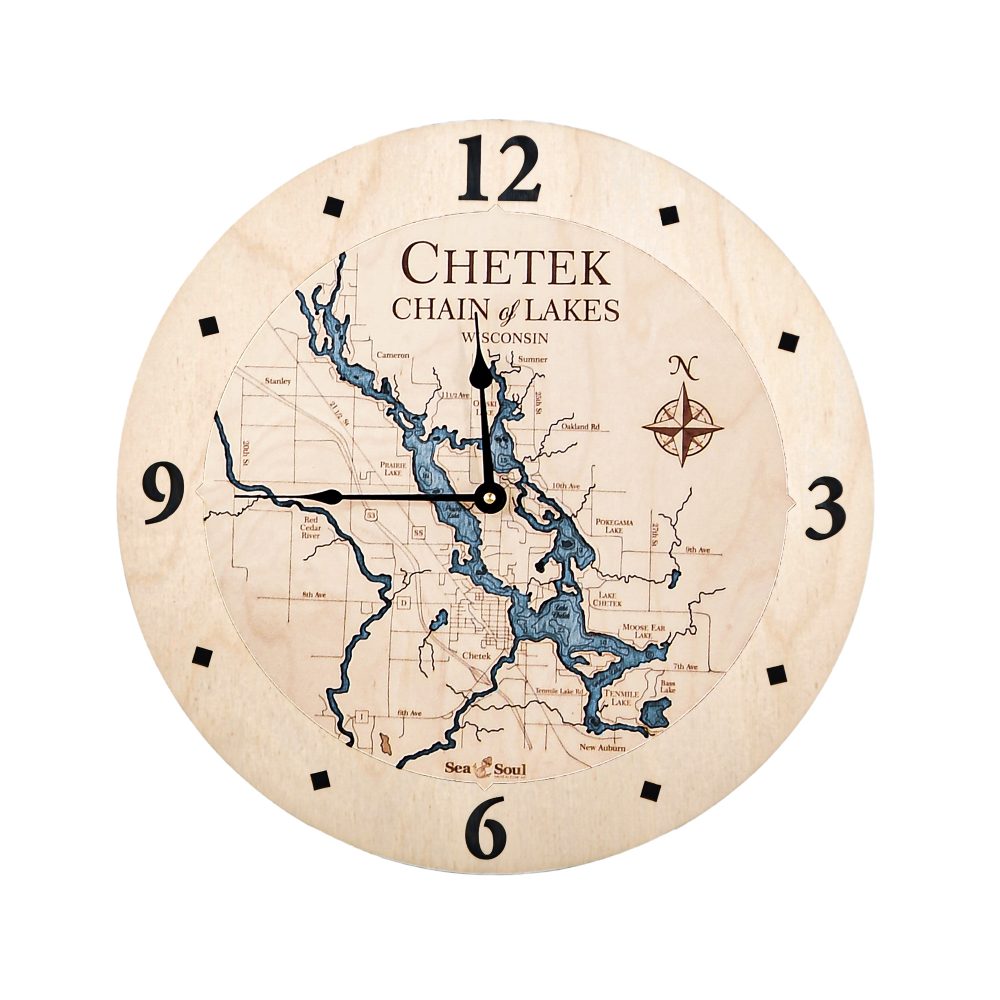 Chetek Chain of Lakes Nautical Clock Birch Accent with Deep Blue Water