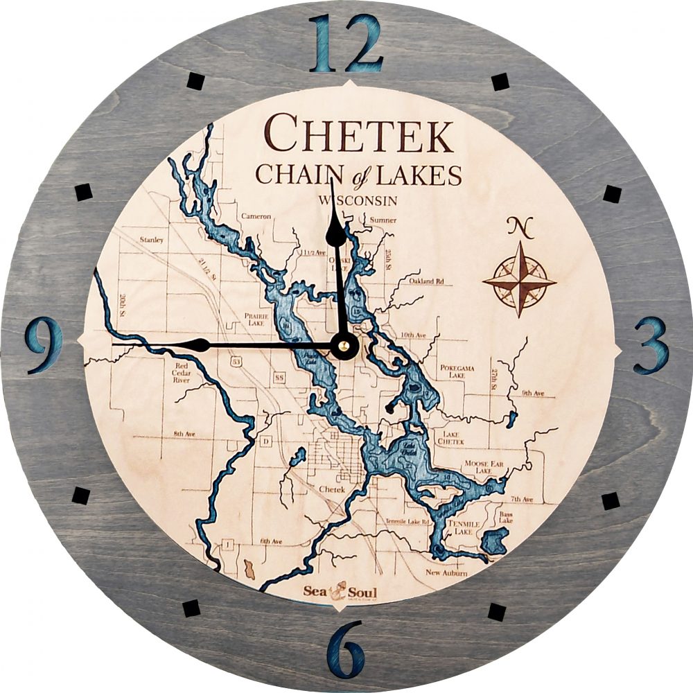 Chetek Chain of Lakes Nautical Clock Driftwood Accent with Blue Green Water Product Shot