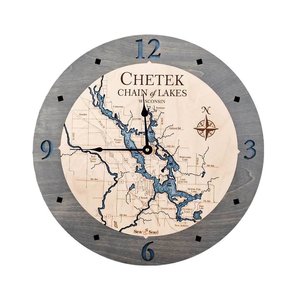 Chetek Chain of Lakes Nautical Clock Driftwood Accent with Deep Blue Water