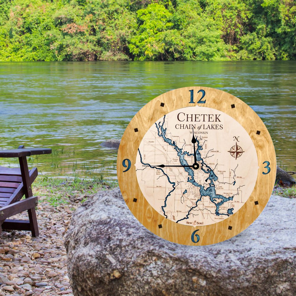 Chetek Chain of Lakes Nautical Clock Honey Accent with Blue Green Water on Rock by Lake