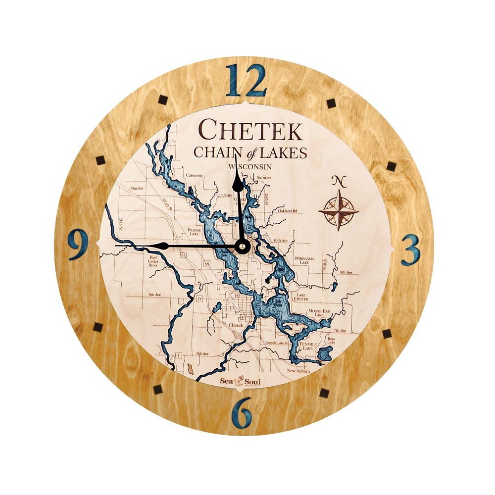 Chetek Chain of Lakes Nautical Clock Honey Accent with Blue Green Water