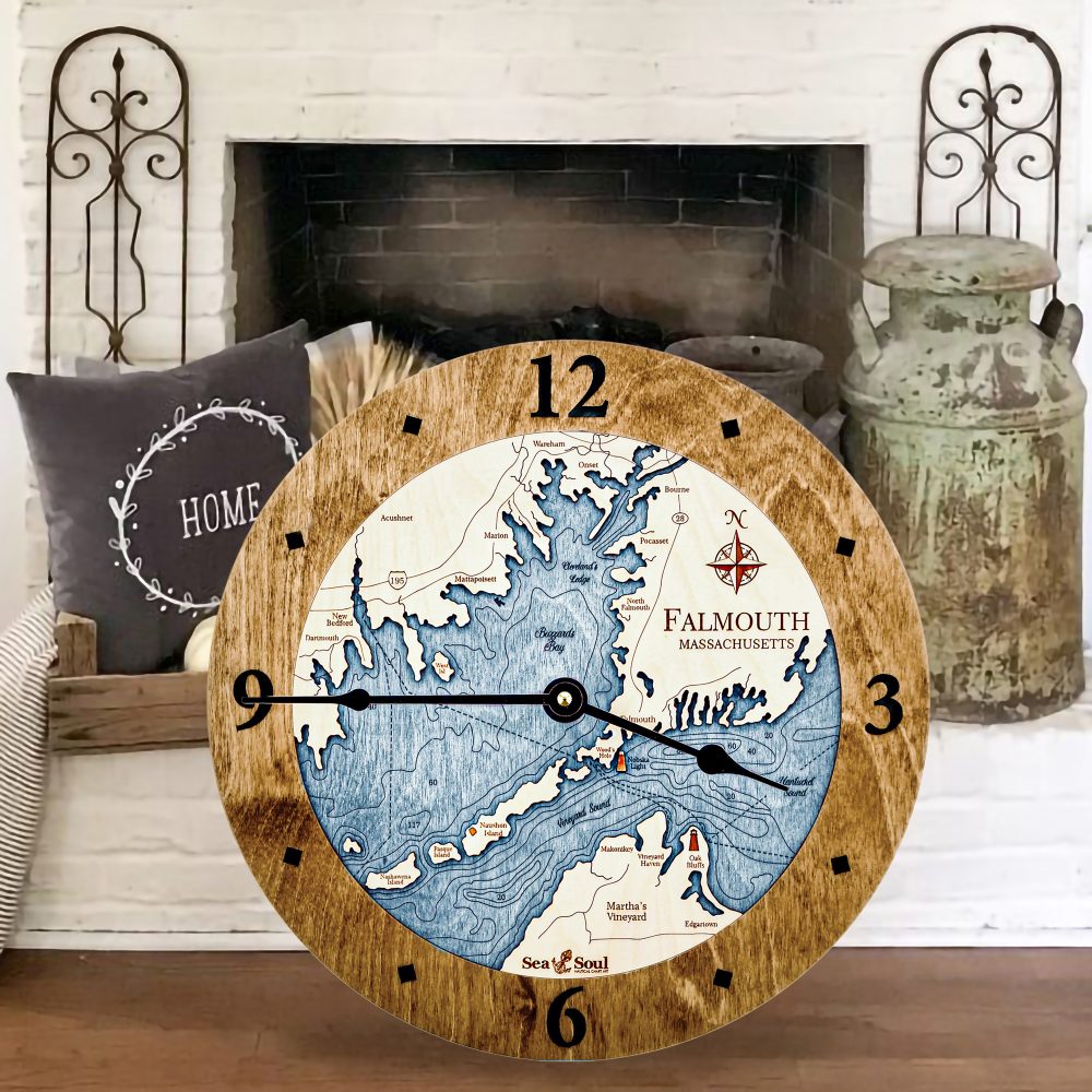 Falmouth Massachusetts Nautical Clock Americana Accent with Blue Green Water by Fireplace