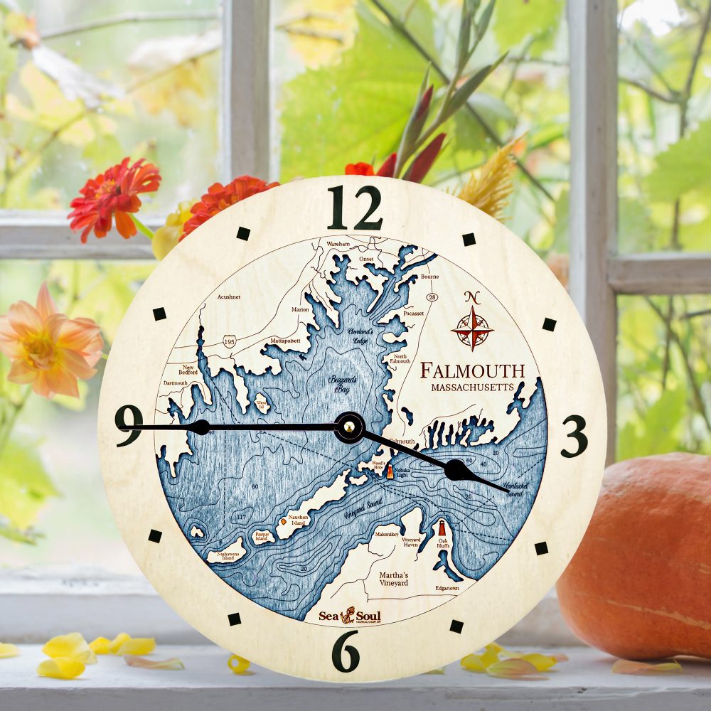 Falmouth Massachusetts Nautical Clock Birch Accent with Blue Green Water on Windowsill with Pumpkin