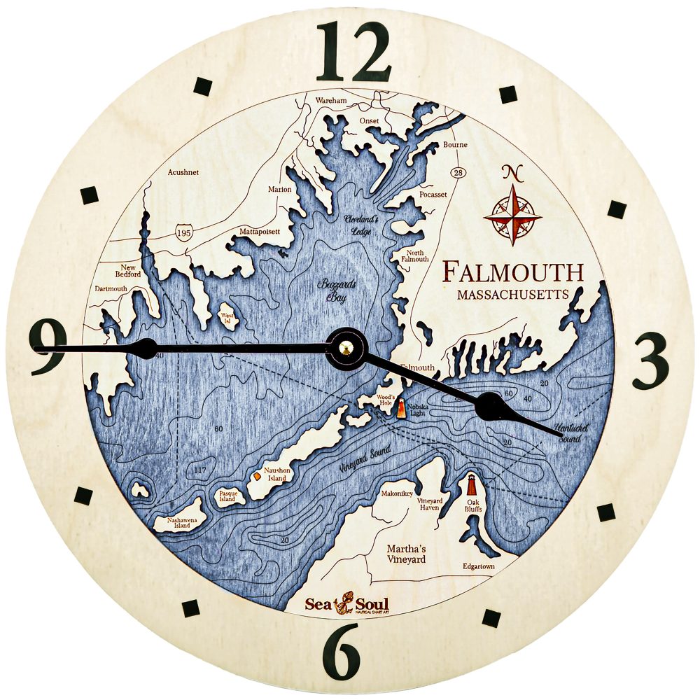 Falmouth Massachusetts Nautical Clock Birch Accent with Deep Blue Water Product Shot