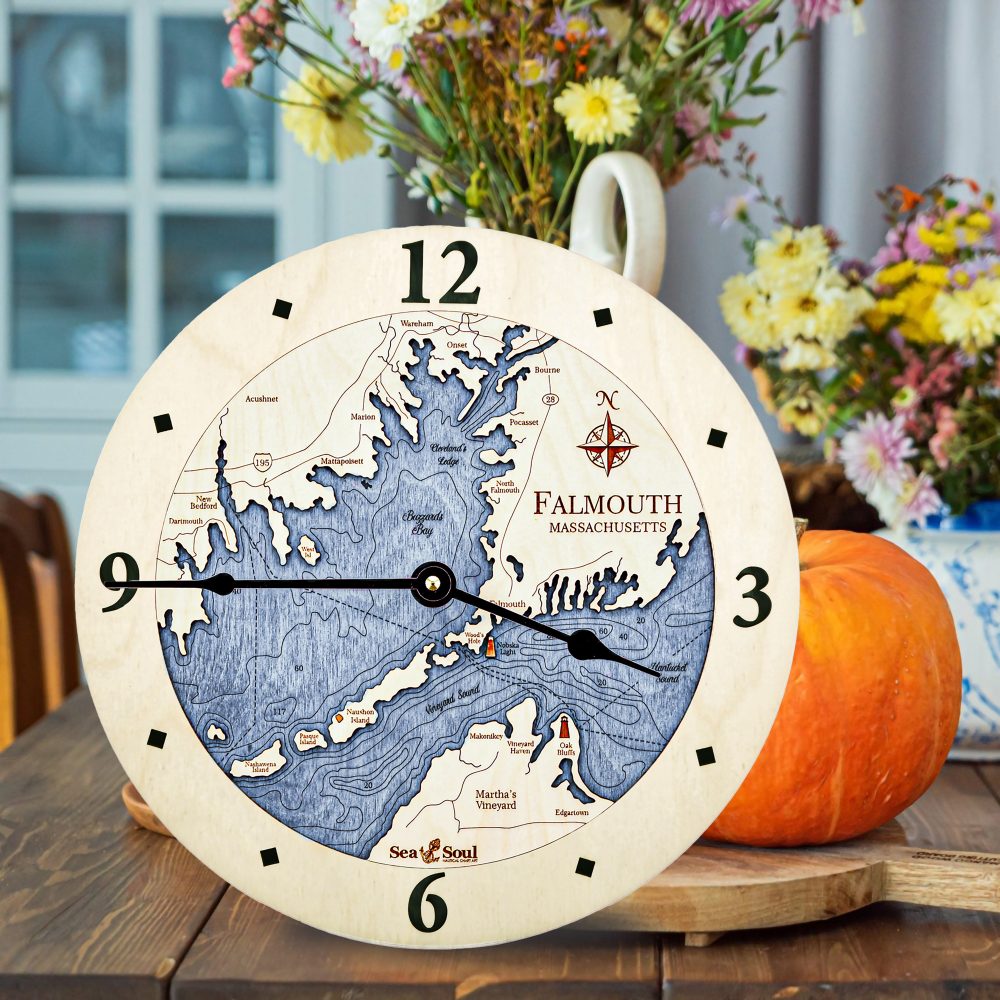Falmouth Massachusetts Nautical Clock Birch Accent with Deep Blue Water on Table with Pumpkin