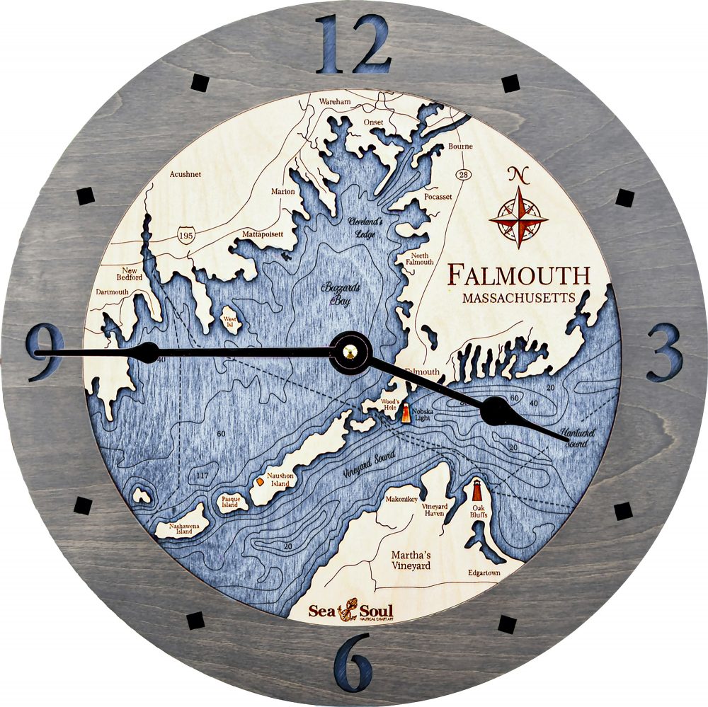 Falmouth Massachusetts Nautical Clock Driftwood Accent with Deep Blue Water Product Shot