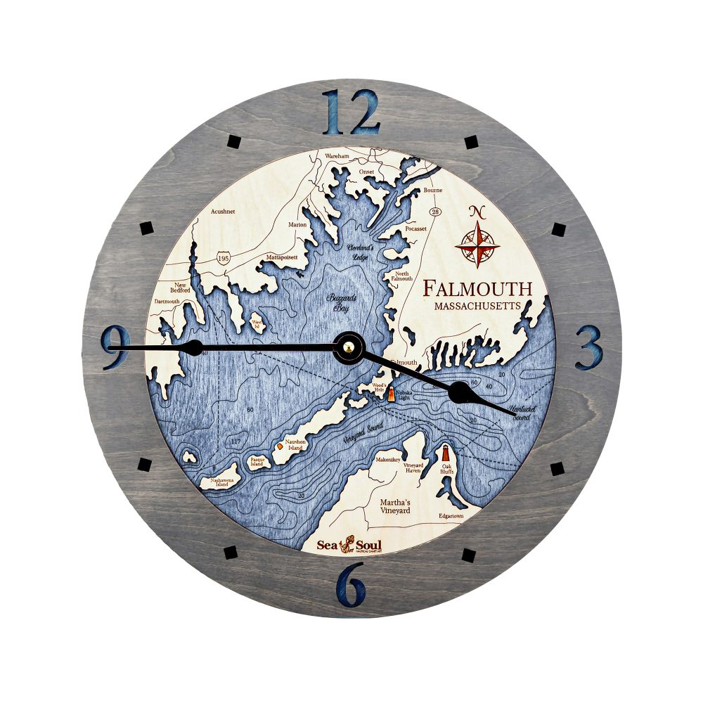 Falmouth Massachusetts Nautical Clock Driftwood Accent with Deep Blue Water