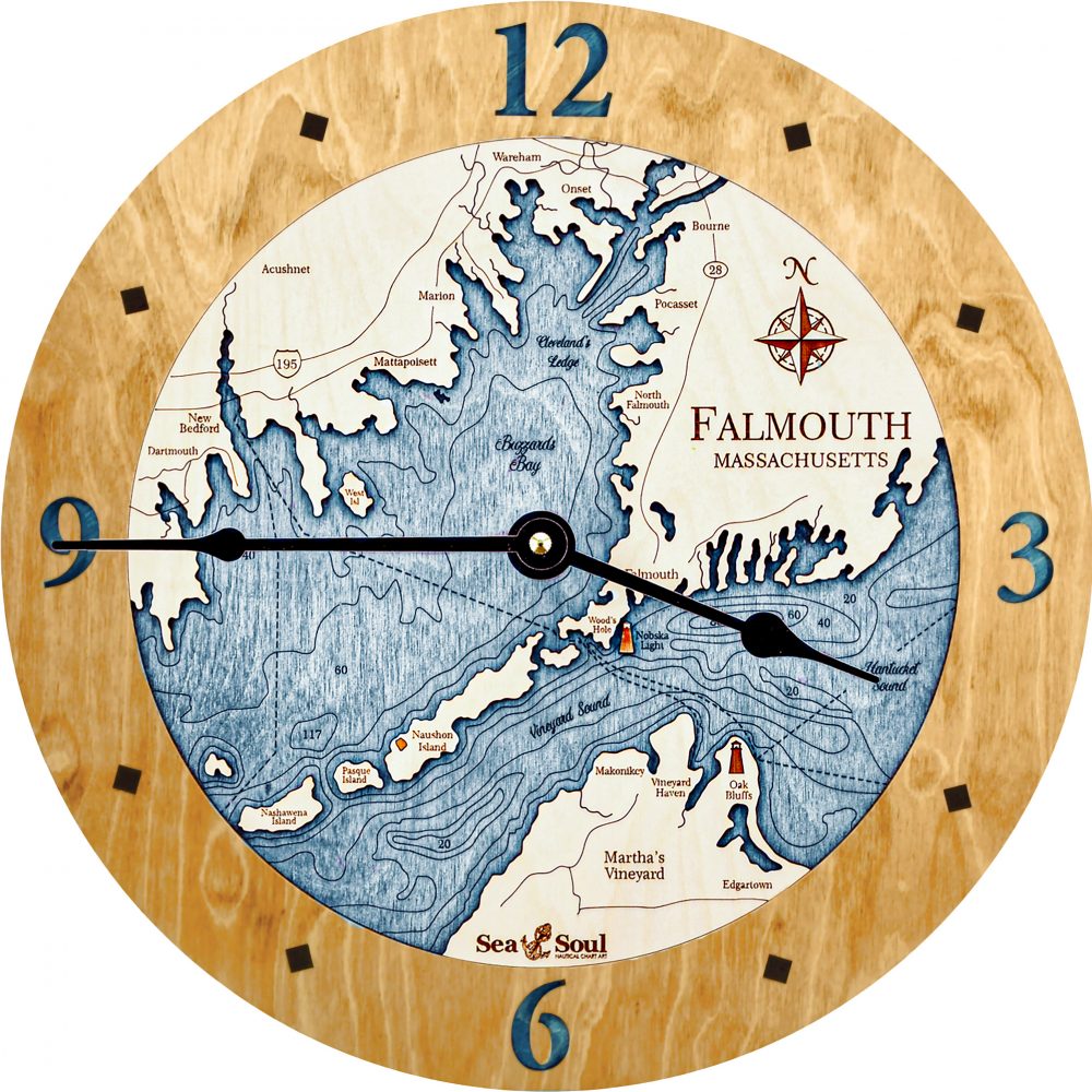 Falmouth Massachusetts Nautical Clock Honey Accent with Blue Green Water Product Shot