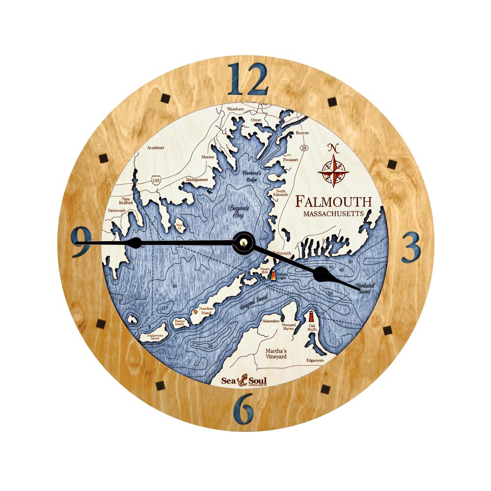 Falmouth Massachusetts Nautical Clock Honey Accent with Deep Blue Water