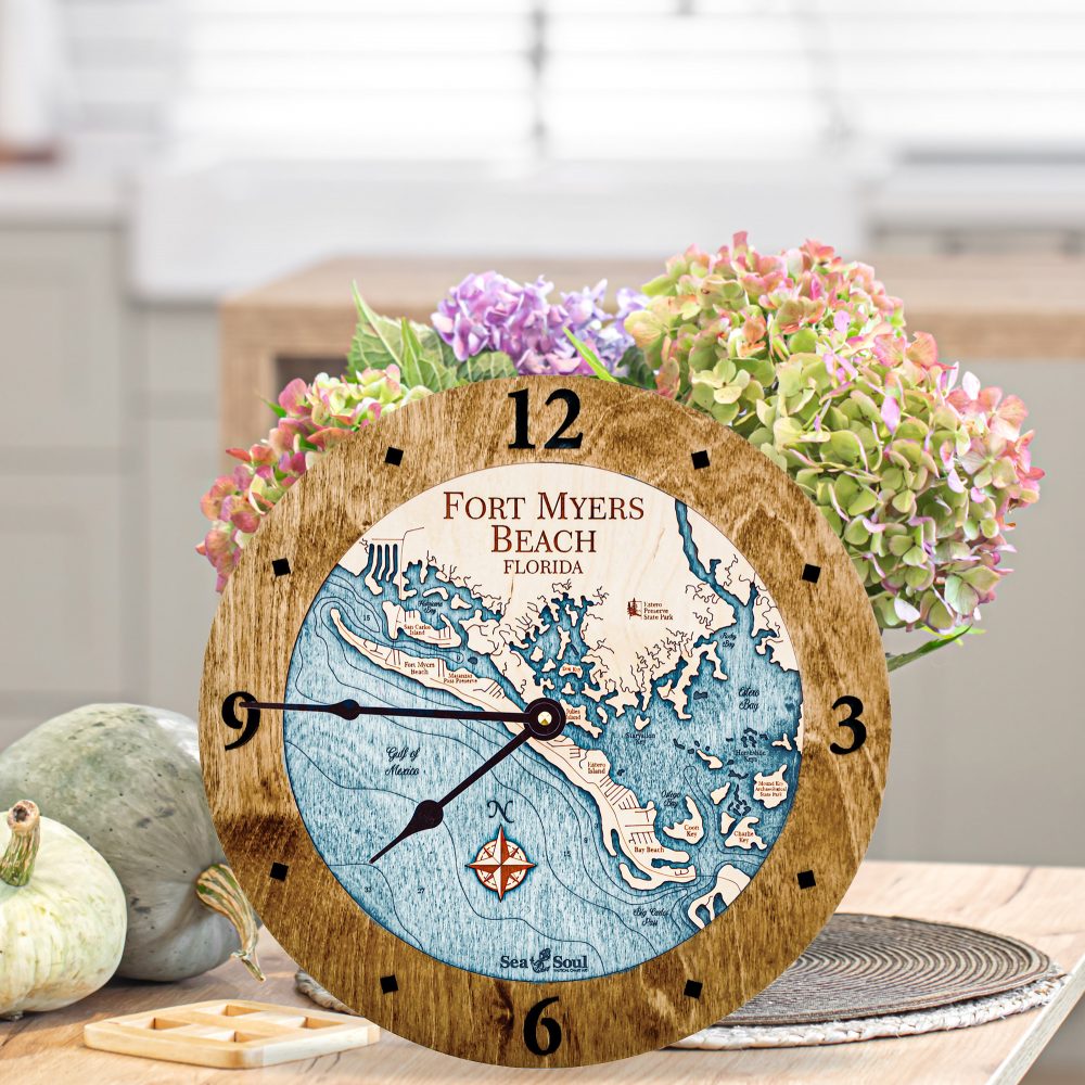 Fort Myers Beach Nautical Clock Americana Accent Blue Green Water on Table with Flowers