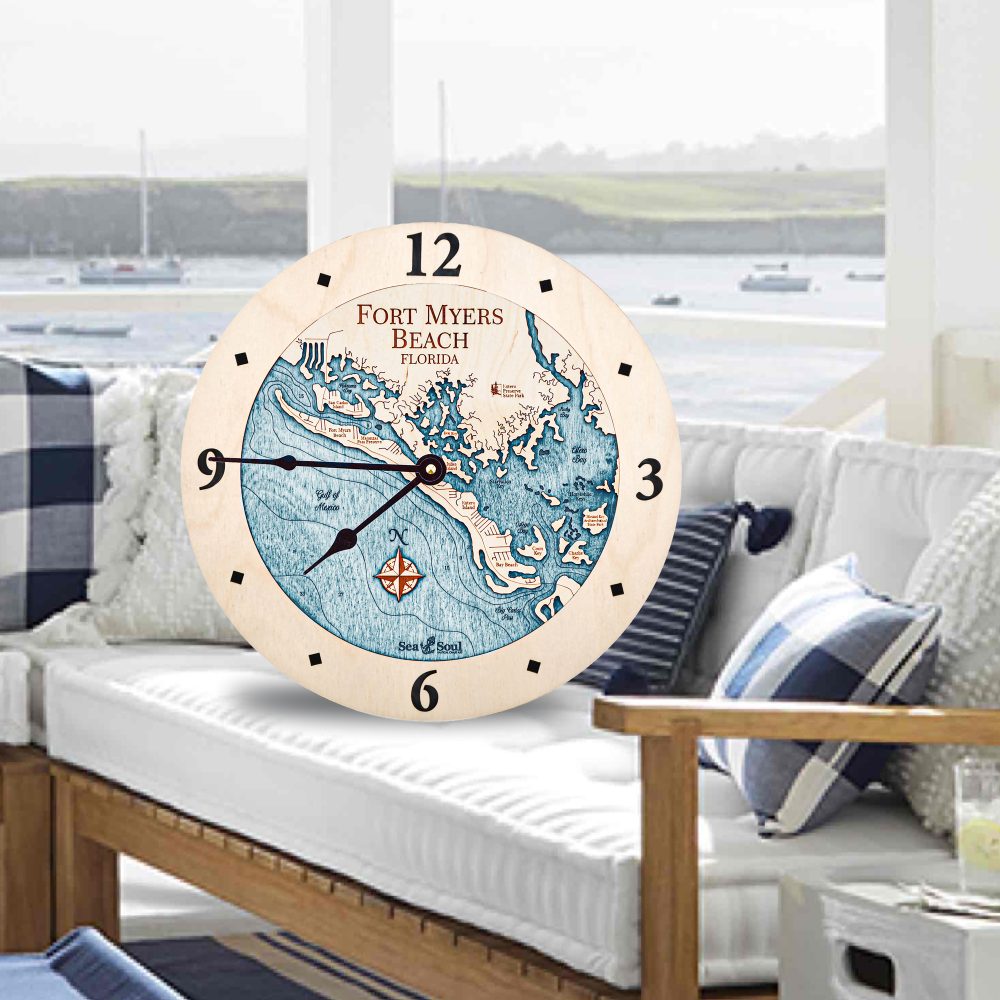 Fort Myers Beach Nautical Clock Birch Accent with Blue Green Water on Couch by Waterfront