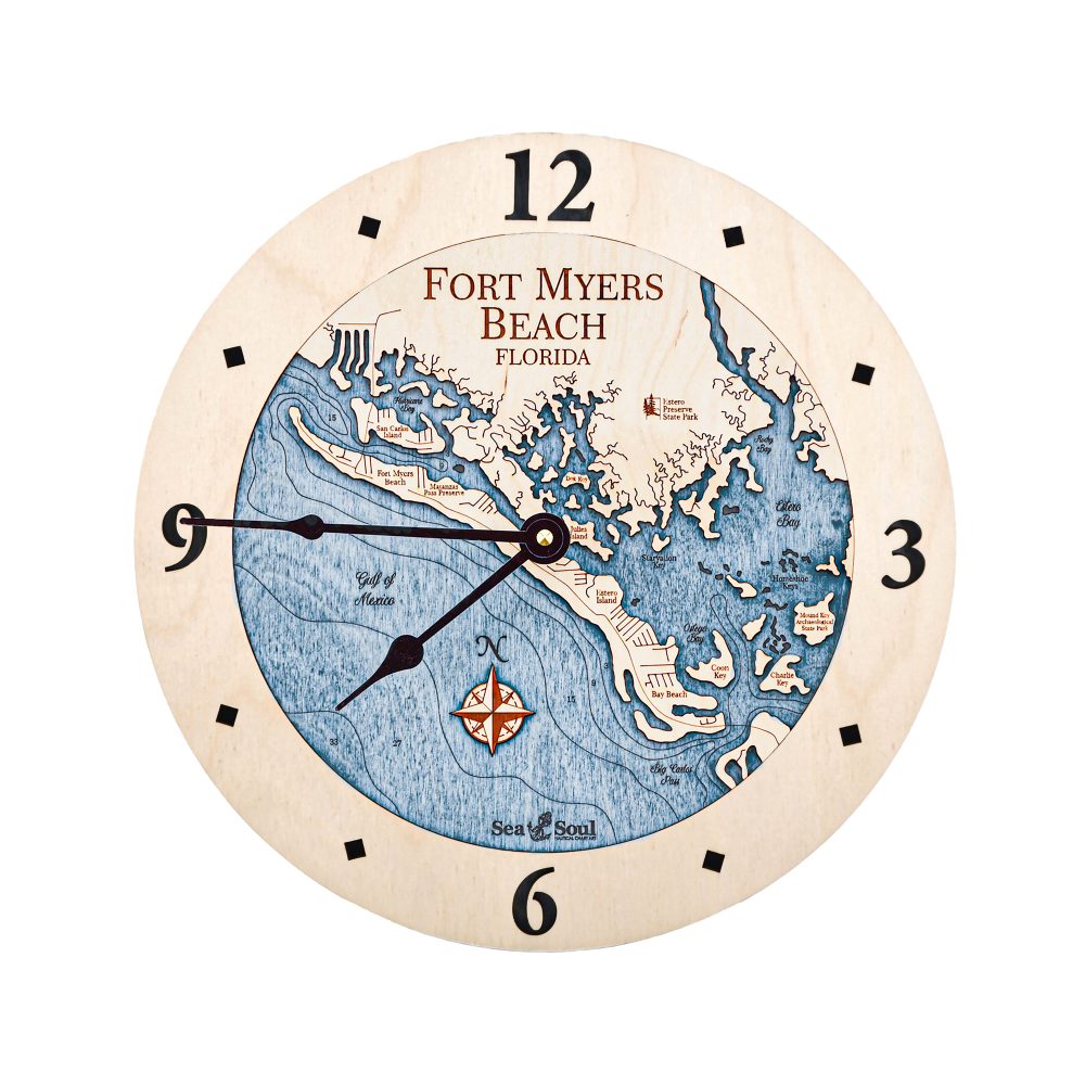 Fort Myers Beach Nautical Clock Birch Accent with Deep Blue Water