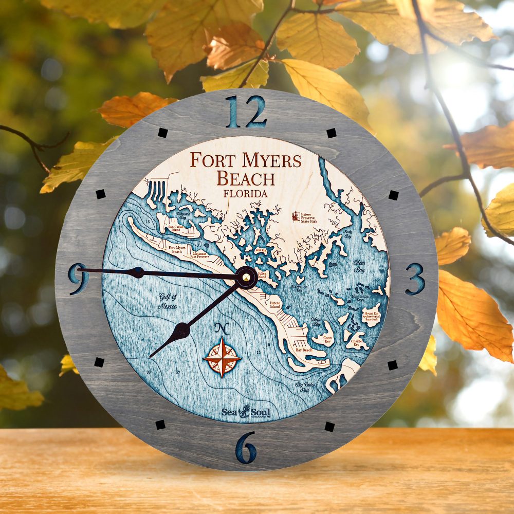 Fort Myers Beach Nautical Clock Driftwood Accent Blue Green Water on Table by Fall Leaves
