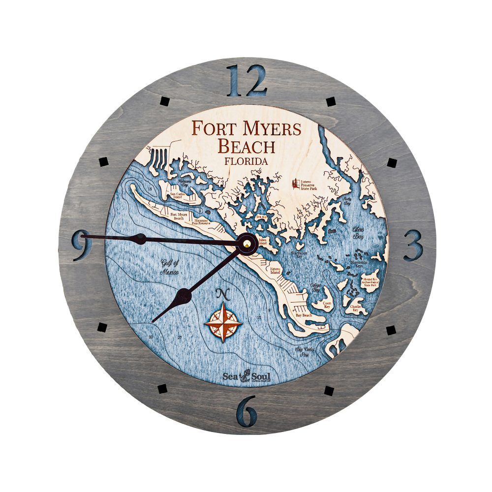 Fort Myers Beach Nautical Clock Driftwood Accent with Deep Blue Water