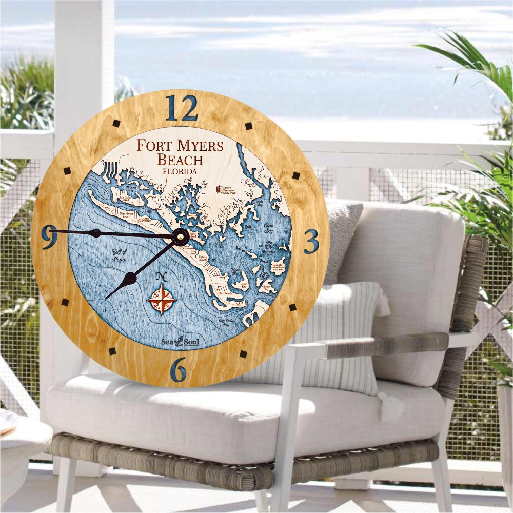 Fort Myers Beach Nautical Clock Honey Accent with Deep Blue Water on Outdoor Chair