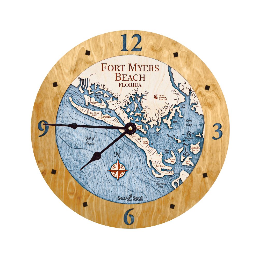 Fort Myers Beach Nautical Clock Honey Accent with Deep Blue Water
