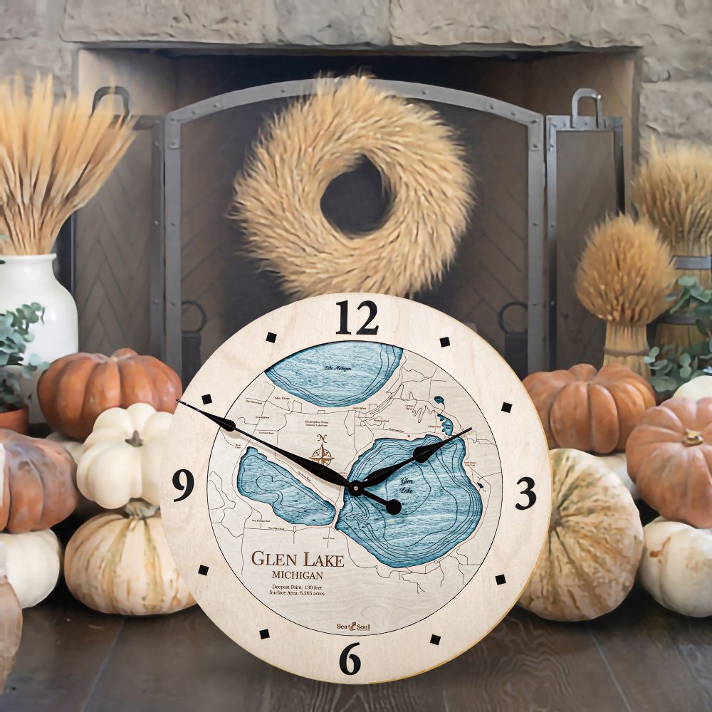 Glen Lake Nautical Clock Birch Accent with Blue Green Water by Fireplace with Pumpkins