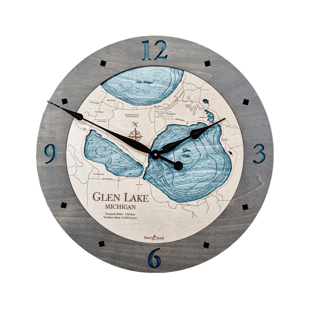 Glen Lake Nautical Clock Driftwood Accent with Blue Green Water on Table with Flowers