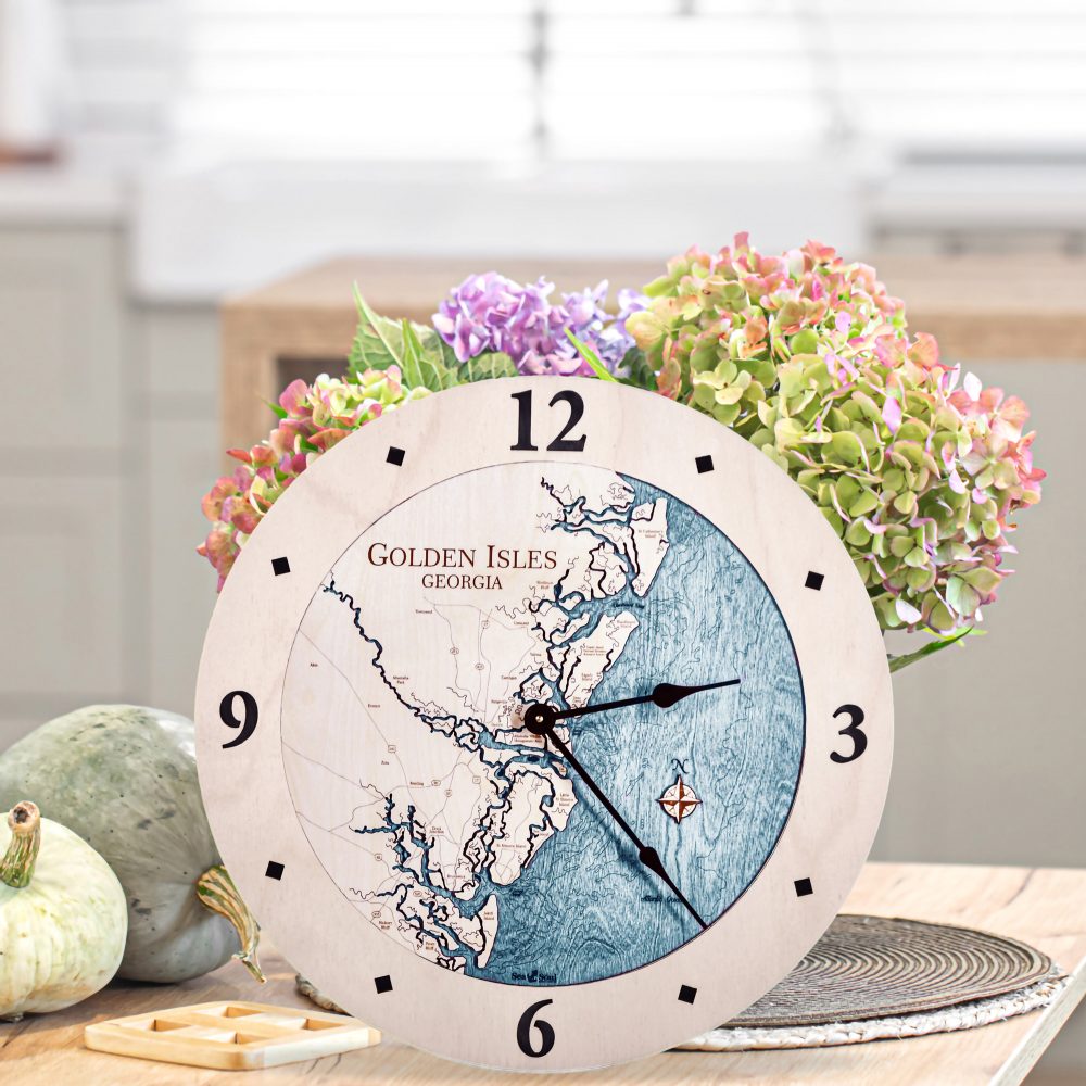 Golden Isles Nautical Clock Birch Accent with Blue Green Water on Table with Flowers