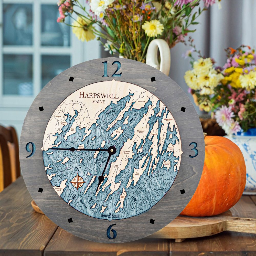 Harpswell Nautical Clock Driftwood Accent with Blue Green Water on Table with Pumpkins