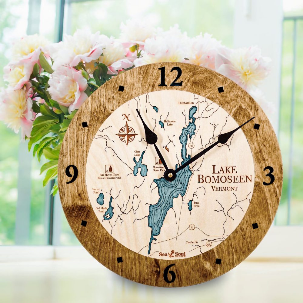 Lake Bomoseen Nautical Clock Americana Accent with Blue Green Water on Table with Flowers