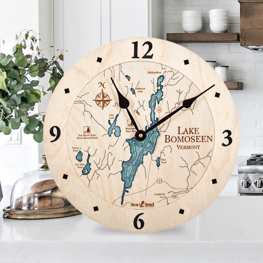 Lake Bomoseen Nautical Clock Birch Accent with Blue Green Water on Counter Top