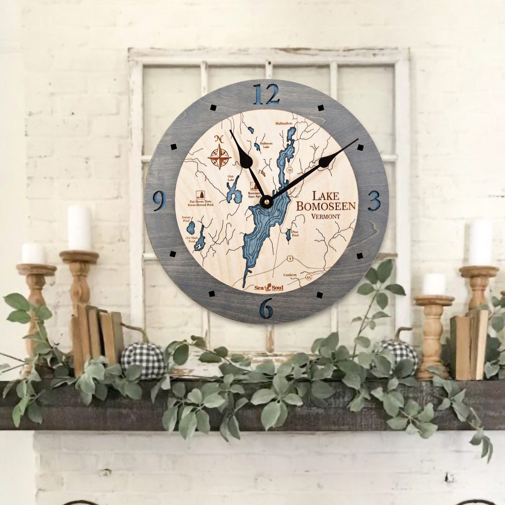 Lake Bomoseen Nautical Clock Driftwood Accent with Deep Blue Water on Wall
