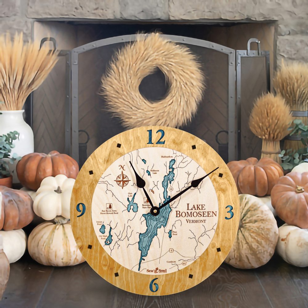 Lake Bomoseen Nautical Clock Honey Accent with Blue Green Water by Fireplace with Pumpkins