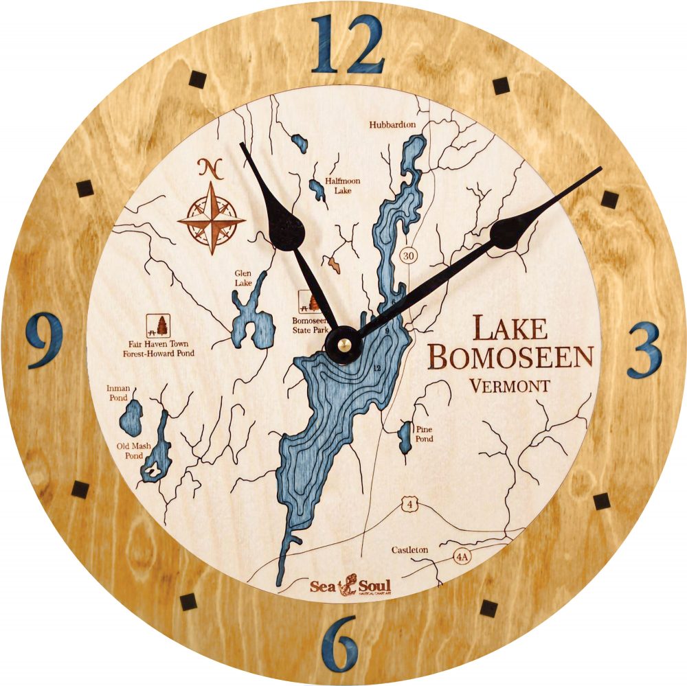 Lake Bomoseen Nautical Clock Honey Accent with Deep Blue Water Product Shot