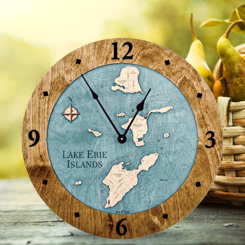 Lake Erie Islands Nautical Clock Americana Accent with Blue Green Water on Table with Basket of Pears